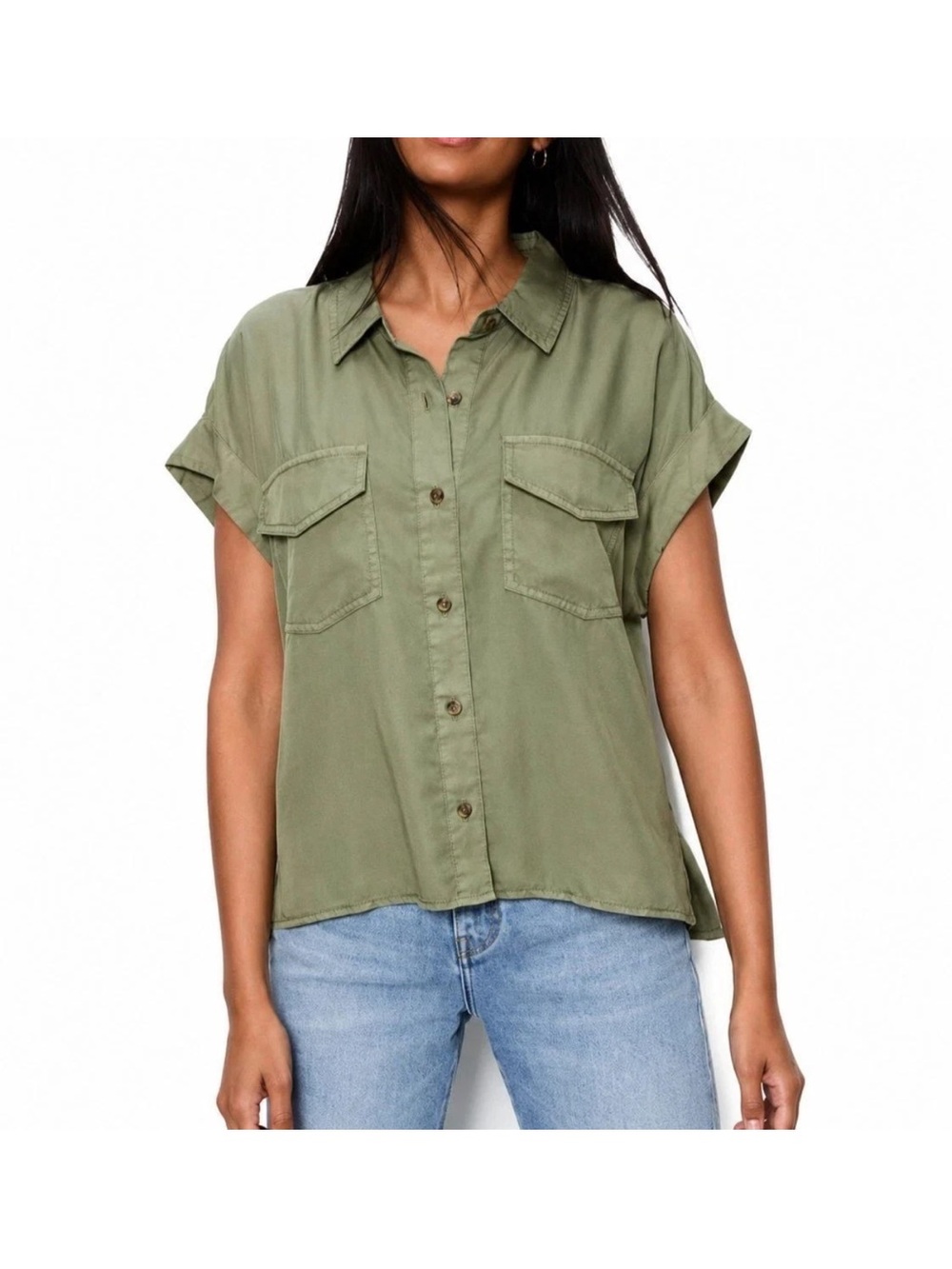 New Sanctuary Women's Olive Button-Front Short Sleeve Lyocell Shirt Size XL